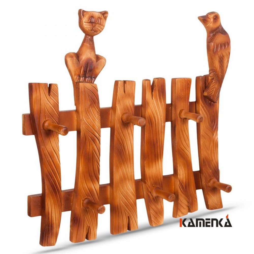 Вешалка "Кот с птицей на заборе" кавказская липа
